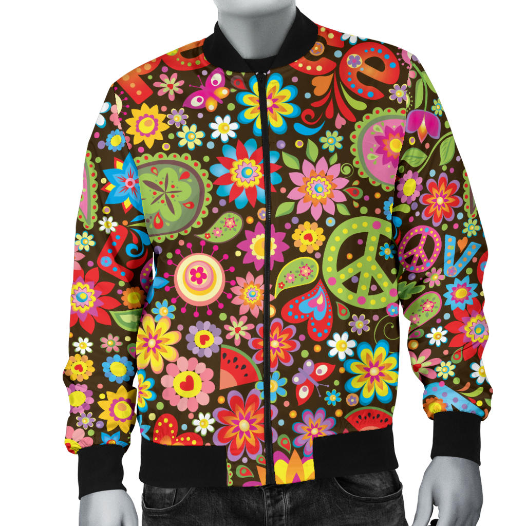 Flower Power Peace Paisley Themed Print Men Bomber Jacket