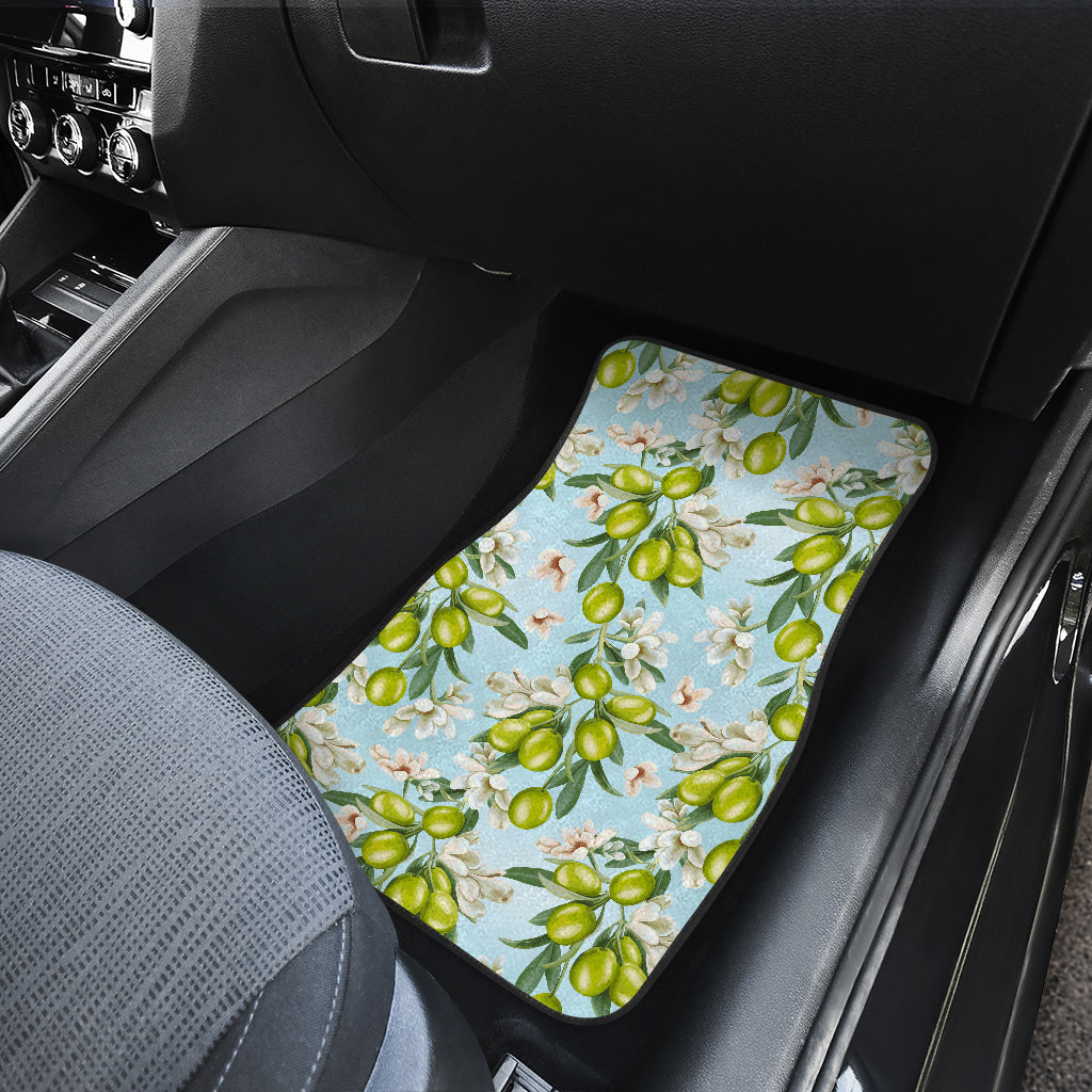 Elegant Olive Floral Print Car Floor Mats Front Back