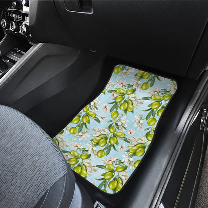 Elegant Olive Floral Print Car Floor Mats Front Back