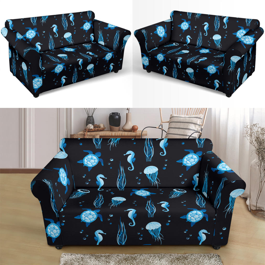 Sea Turtle Jelly Fish Sea Horse Print Design LKS3014 Loveseat Couch Slipcover