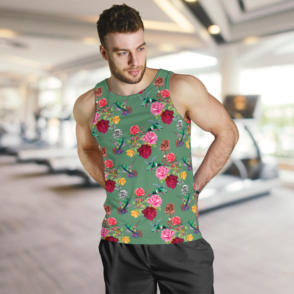 Hummingbird with Rose Themed Print Men Tank Top