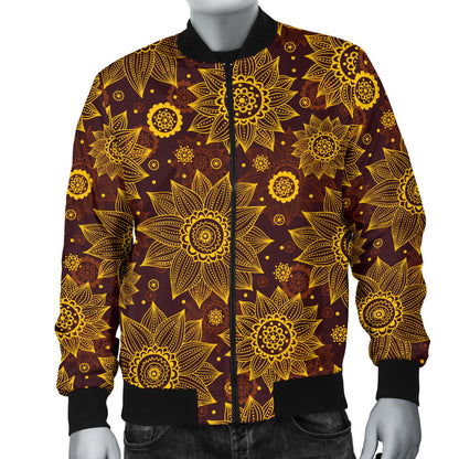 Gold Sunflower Hand Drawn Print Men Bomber Jacket