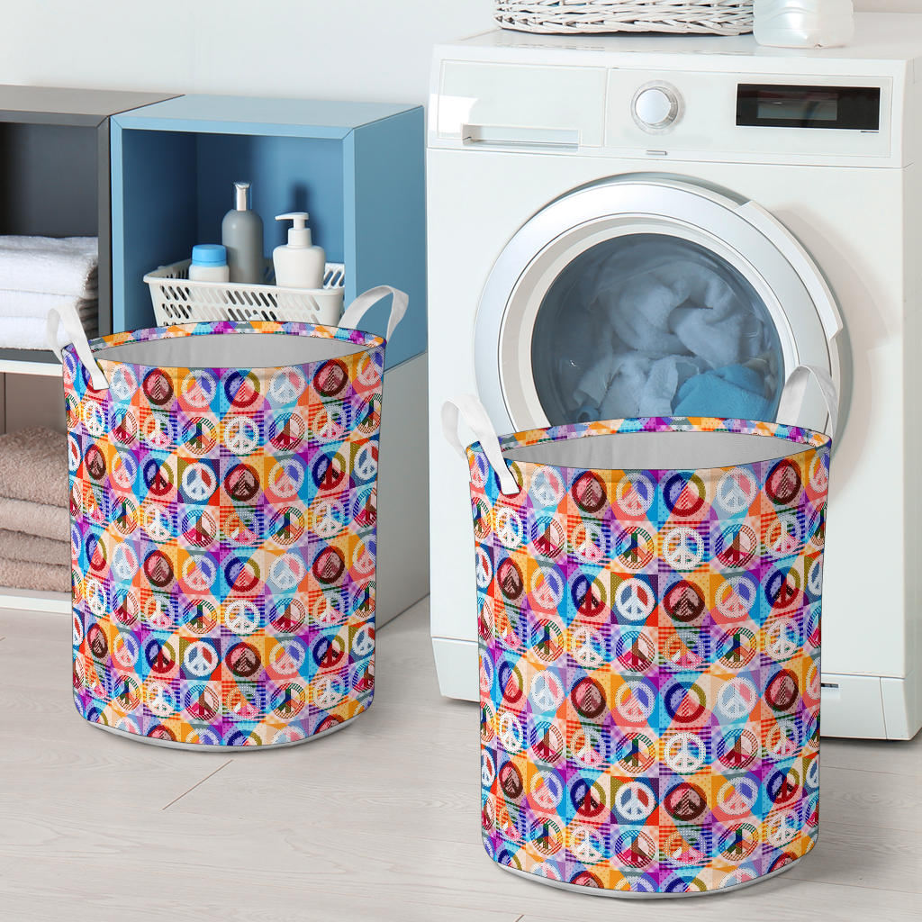 Peace Sign Patchwork Design Print Laundry Basket