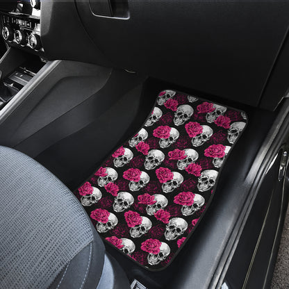 Pink Rose Skull Themed Print Car Floor Mats Front Back