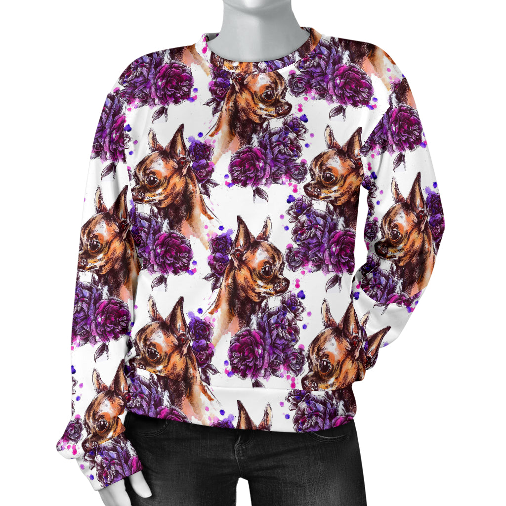 Chihuahua Purple Floral Women Long Sleeve Sweatshirt
