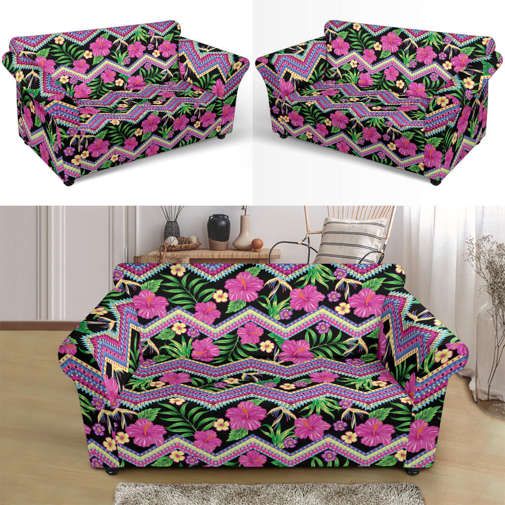 Hibiscus Pink Zigzag Line Pattern Design LKS307 Loveseat Couch Slipcover