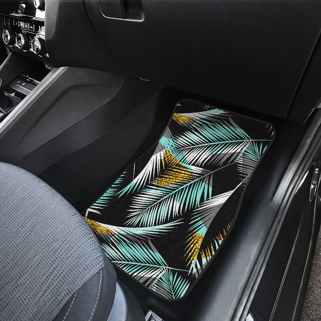 Gold Glitter Cyan Tropical Palm Leaves Car Floor Mats Front Back
