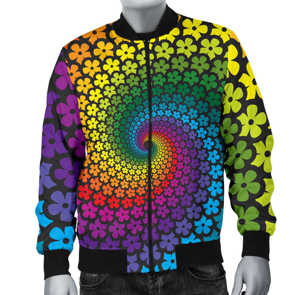 Flower Power Rainbow Spiral Print Men Bomber Jacket