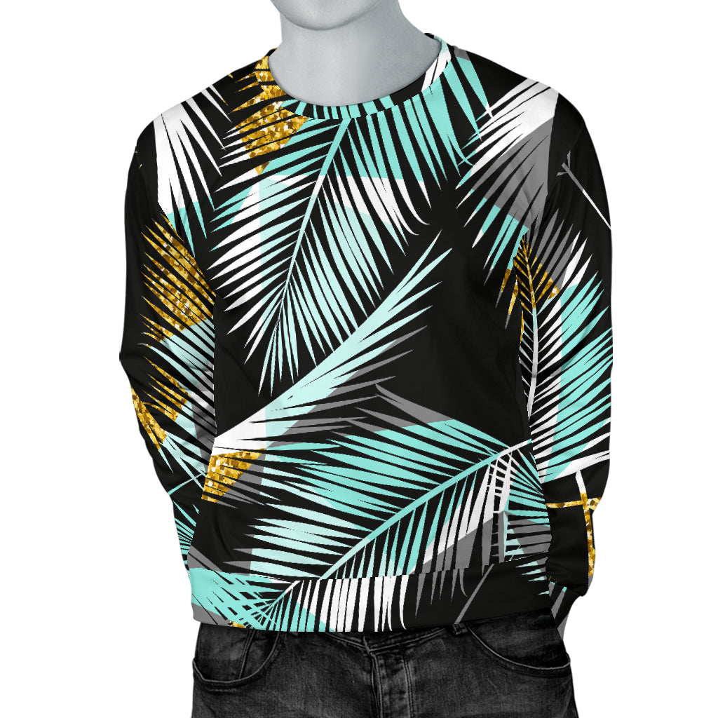 Gold Glitter Cyan Tropical Palm Leaves Men Long Sleeve Sweatshirt