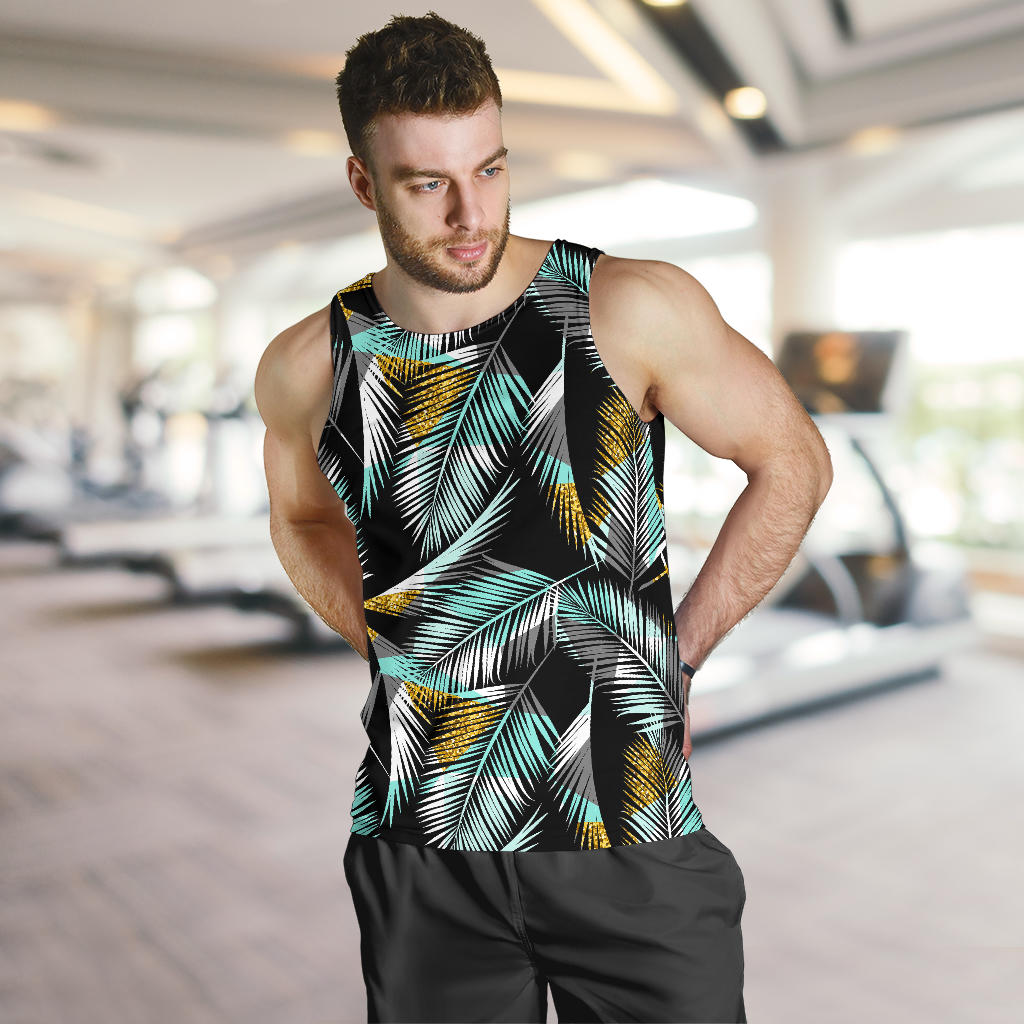 Gold Glitter Cyan Tropical Palm Leaves Men Tank Top