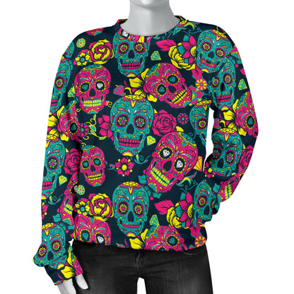 Sugar Skull Floral Design Themed Print Women Long Sleeve Sweatshirt