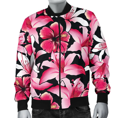 Flower Hawaiian Pink Red Hibiscus Print Men Bomber Jacket