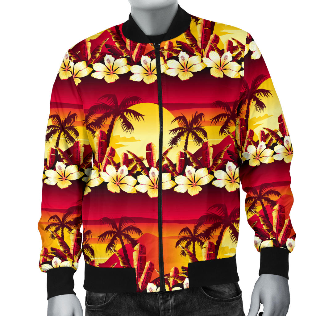 Hawaiian Tropical Sunset Hibiscus Print Men Bomber Jacket