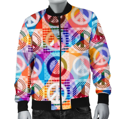 Peace Sign Patchwork Design Print Men Bomber Jacket