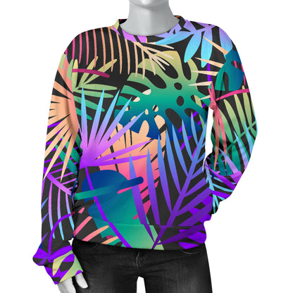 Neon Flower Tropical Palm Leaves Women Long Sleeve Sweatshirt
