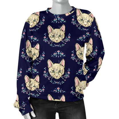 Cat Head with flower Print Pattern Women Long Sleeve Sweatshirt