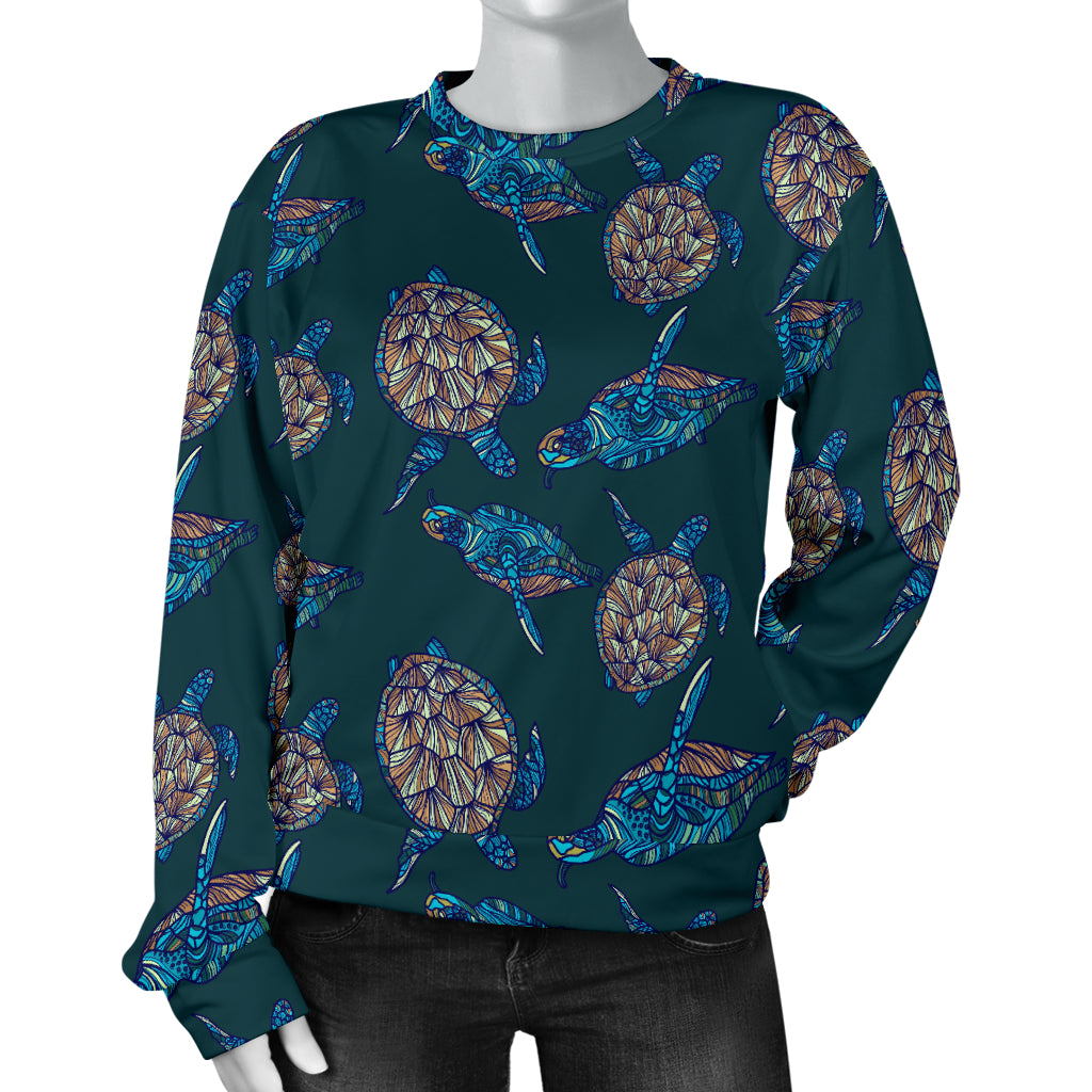 Sea Turtle Hand Drawn Blue Print Women Long Sleeve Sweatshirt