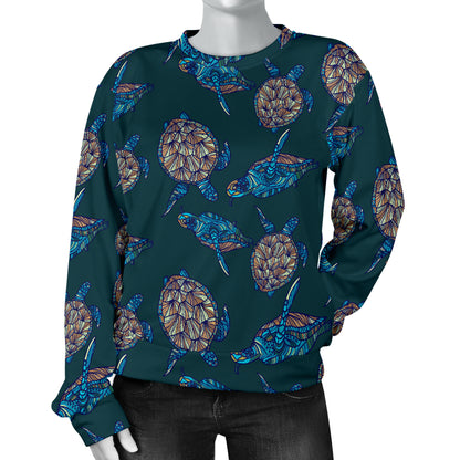 Sea Turtle Hand Drawn Blue Print Women Long Sleeve Sweatshirt