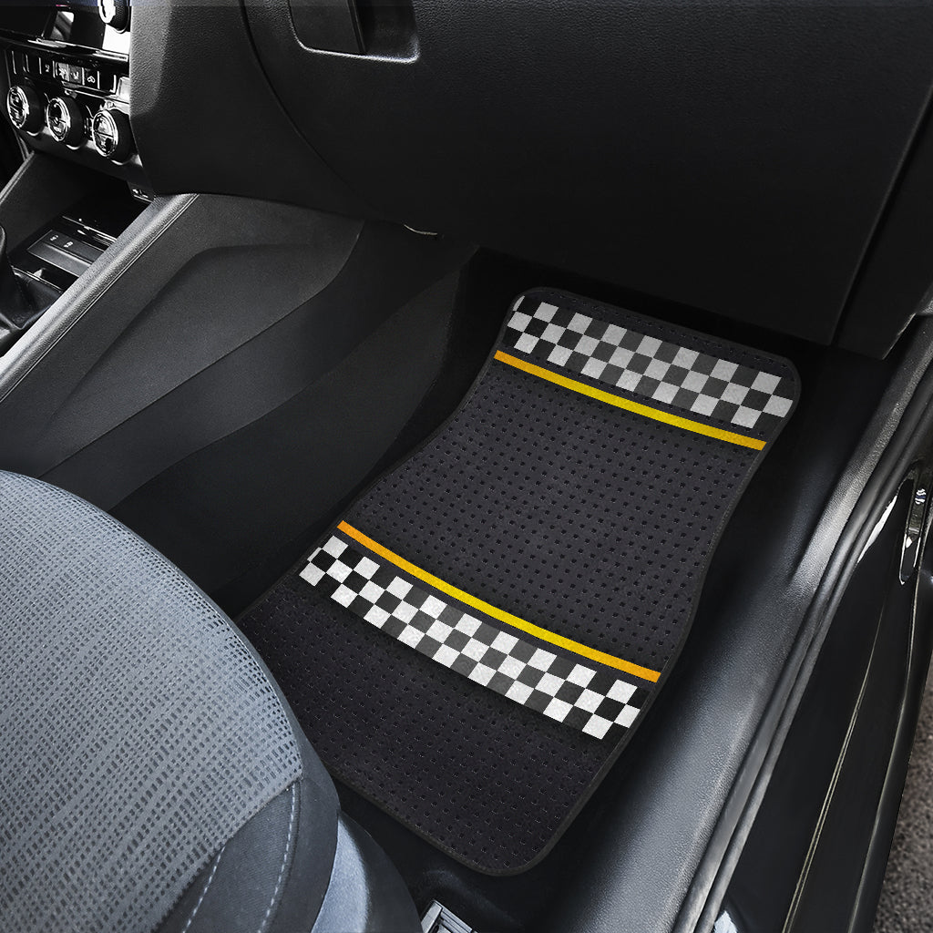 Checkered Flag Yellow Line Style Car Floor Mats Front Back