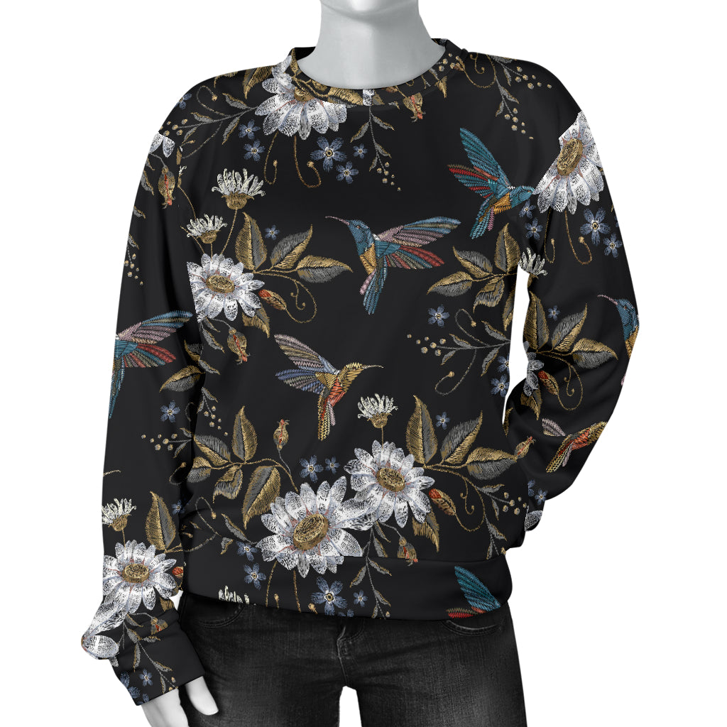 Hummingbird with Embroidery Themed Print Women Long Sleeve Sweatshirt