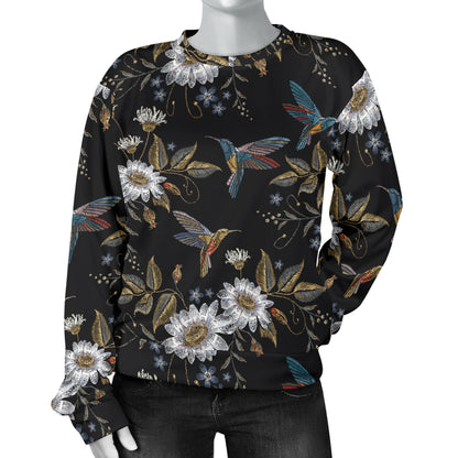 Hummingbird with Embroidery Themed Print Women Long Sleeve Sweatshirt