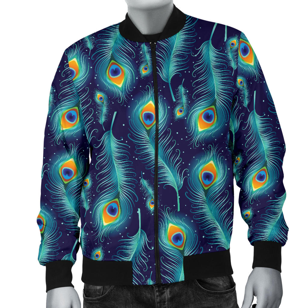 Peacock Feather Blue Design Print Men Bomber Jacket