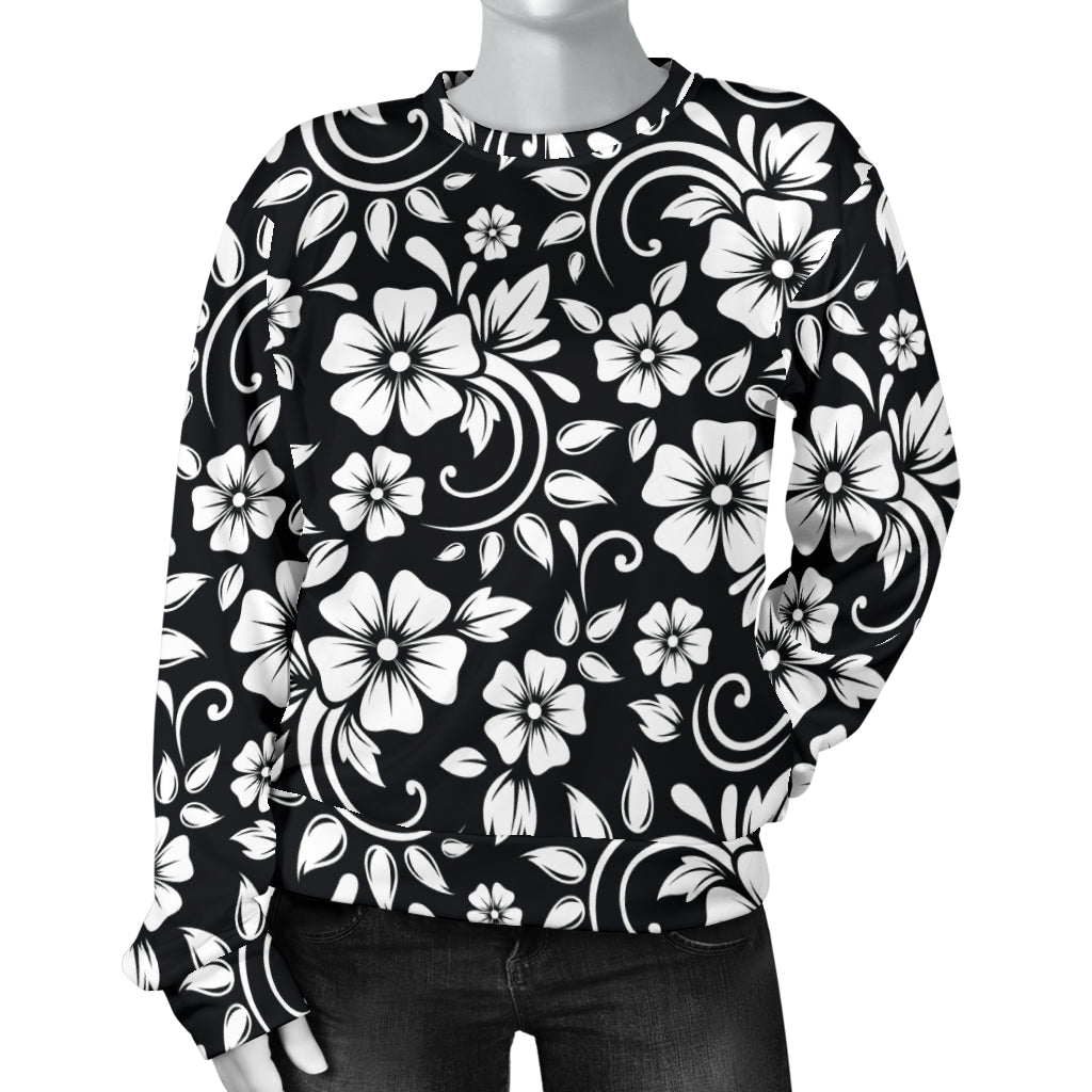 Floral Black White Themed Print Women Long Sleeve Sweatshirt