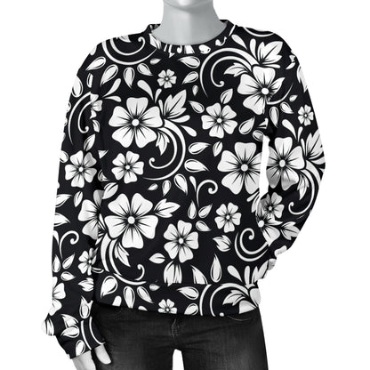 Floral Black White Themed Print Women Long Sleeve Sweatshirt