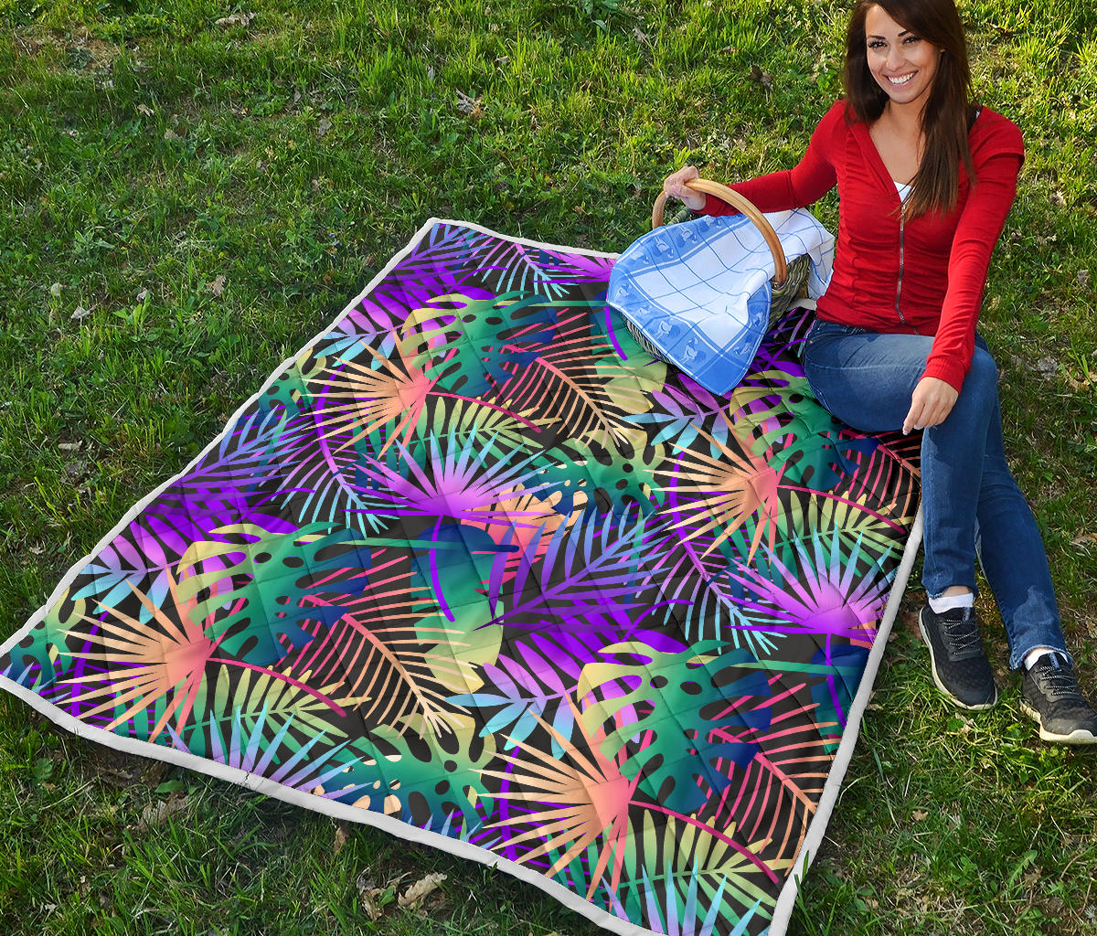 Neon Flower Tropical Palm Leaves Quilt Bedspread