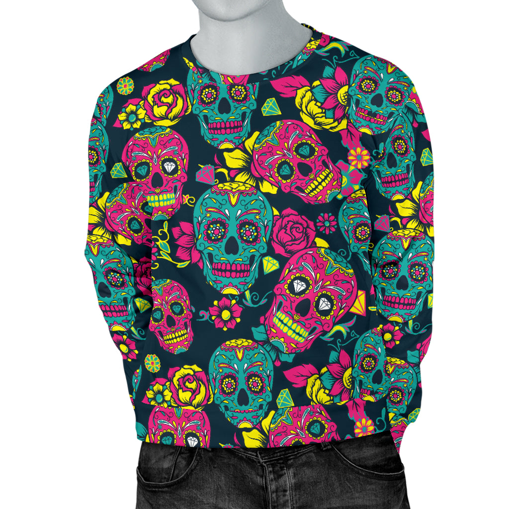 Sugar Skull Floral Design Themed Print Men Long Sleeve Sweatshirt