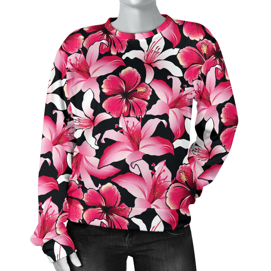 Flower Hawaiian Pink Red Hibiscus Print Women Long Sleeve Sweatshirt