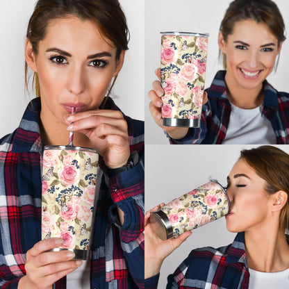 Floral Pink Butterfly Print Tumbler