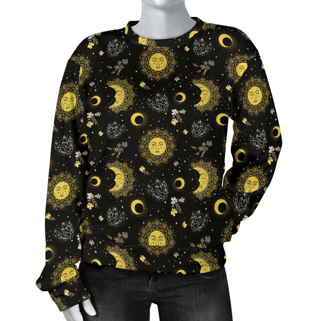 Sun Moon Golden Design Themed Print Women Long Sleeve Sweatshirt