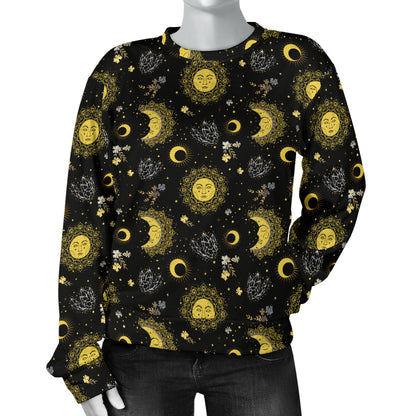 Sun Moon Golden Design Themed Print Women Long Sleeve Sweatshirt