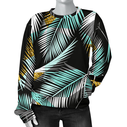 Gold Glitter Cyan Tropical Palm Leaves Women Long Sleeve Sweatshirt
