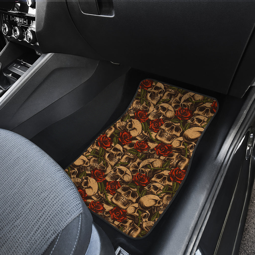 Skull Roses Vintage Design Themed Print Car Floor Mats Front Back