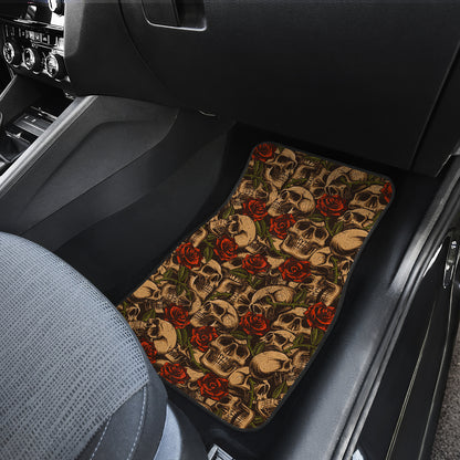 Skull Roses Vintage Design Themed Print Car Floor Mats Front Back