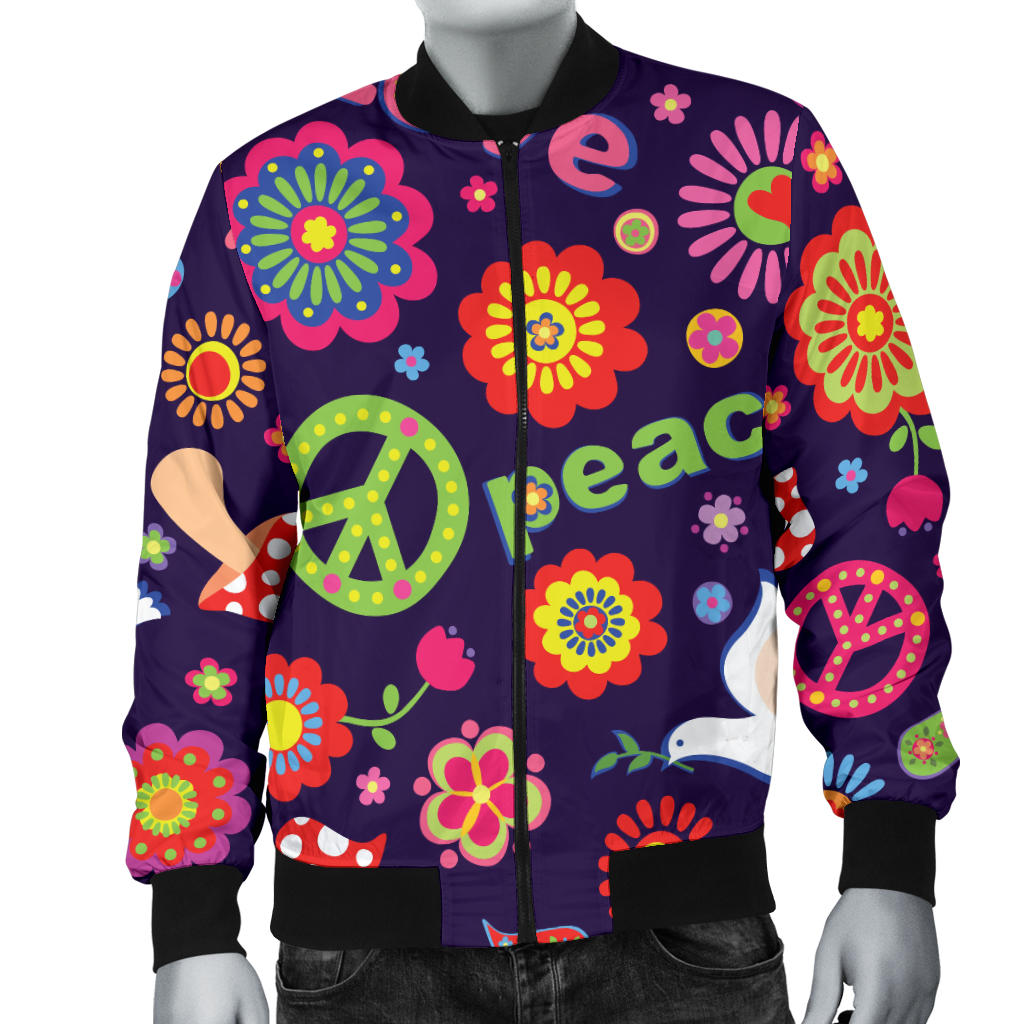Flower Power Peace Design Print Men Bomber Jacket