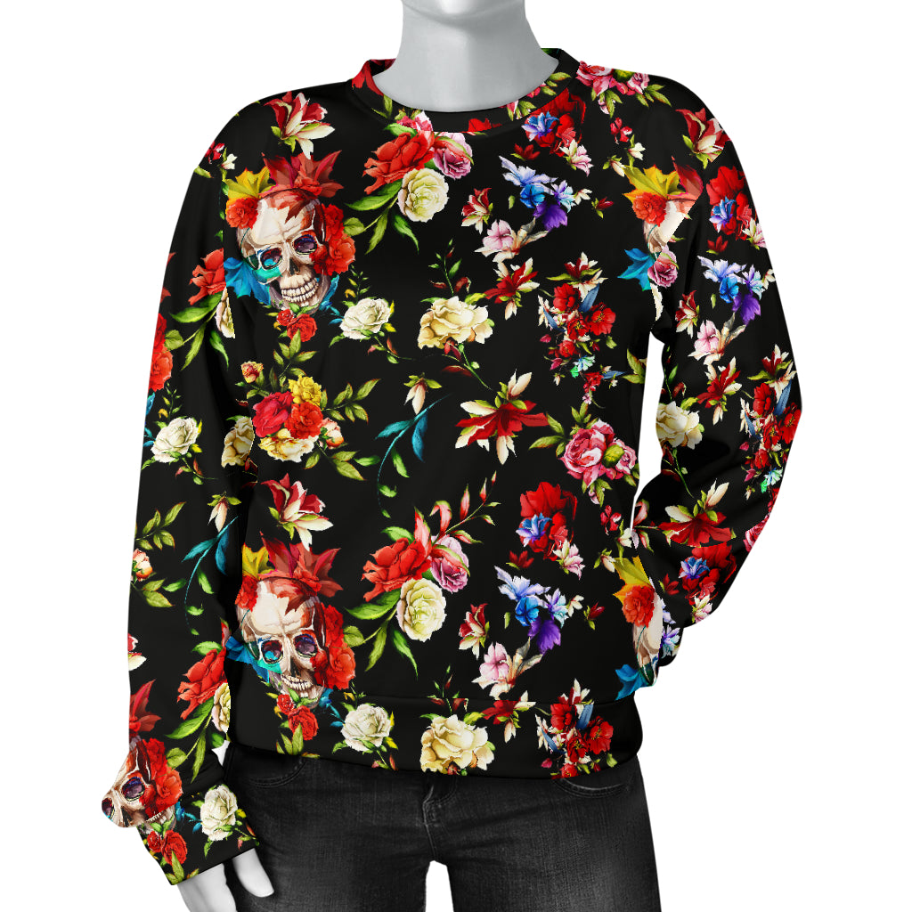Skull Roses Flower Design Themed Print Women Long Sleeve Sweatshirt