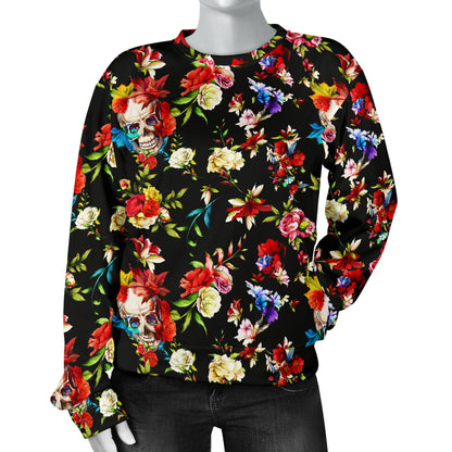 Skull Roses Flower Design Themed Print Women Long Sleeve Sweatshirt