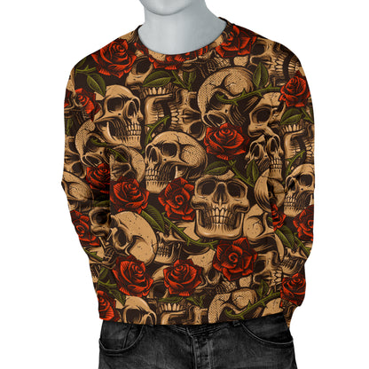 Skull Roses Vintage Design Themed Print Men Long Sleeve Sweatshirt