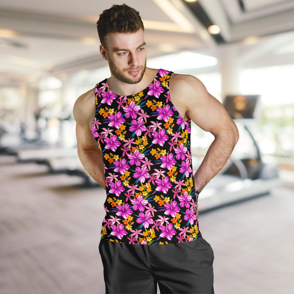 Tropical Folower Pink Hibiscus Print Men Tank Top