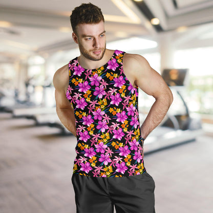 Tropical Folower Pink Hibiscus Print Men Tank Top