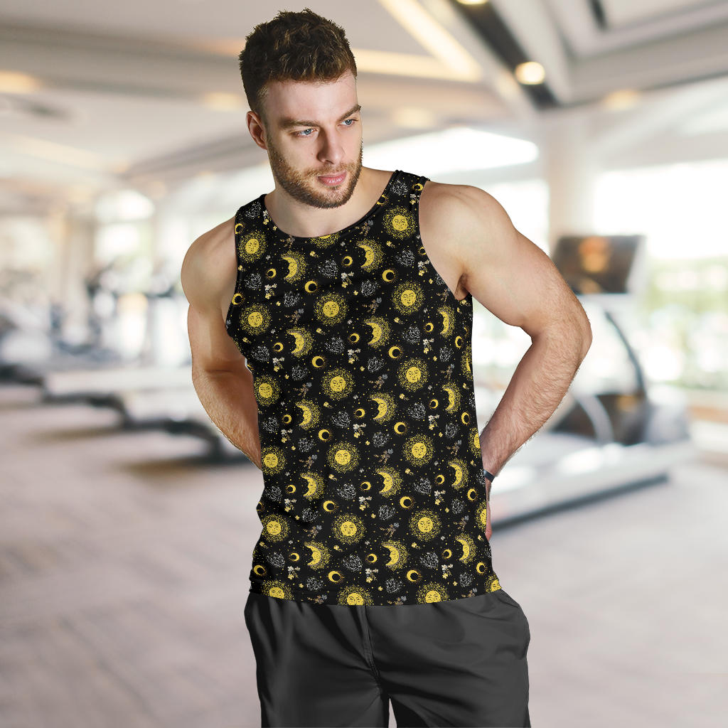 Sun Moon Golden Design Themed Print Men Tank Top