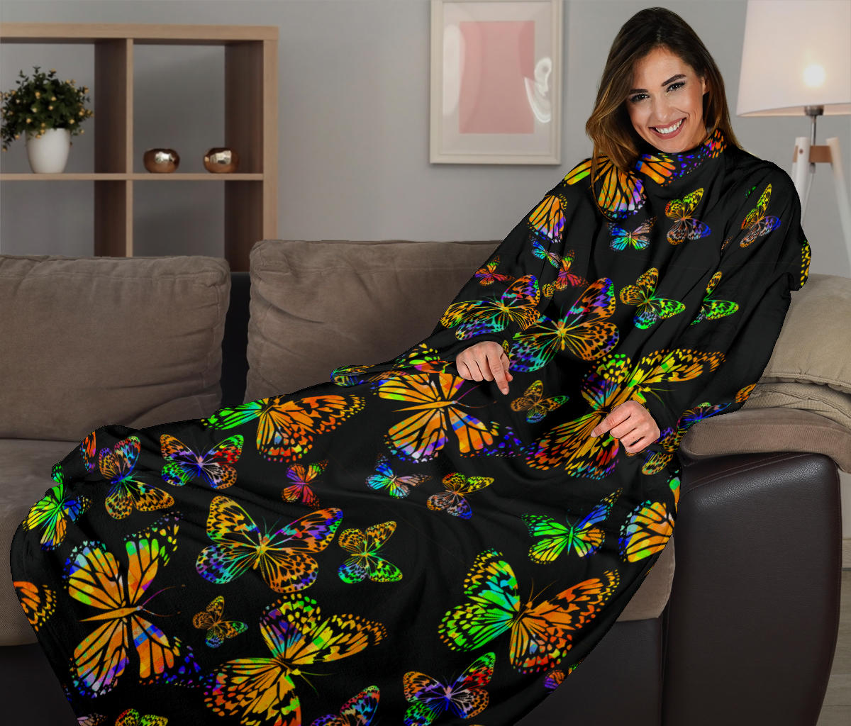 Butterfly Neon Color Print Pattern Adult Sleeve Blanket