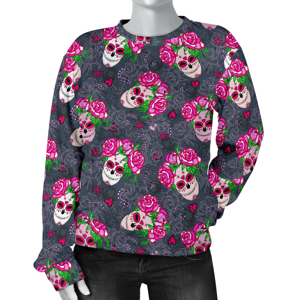 Sugar Skull Pink Rose Themed Print Women Long Sleeve Sweatshirt
