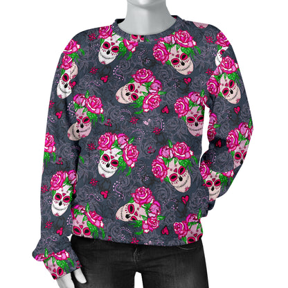 Sugar Skull Pink Rose Themed Print Women Long Sleeve Sweatshirt