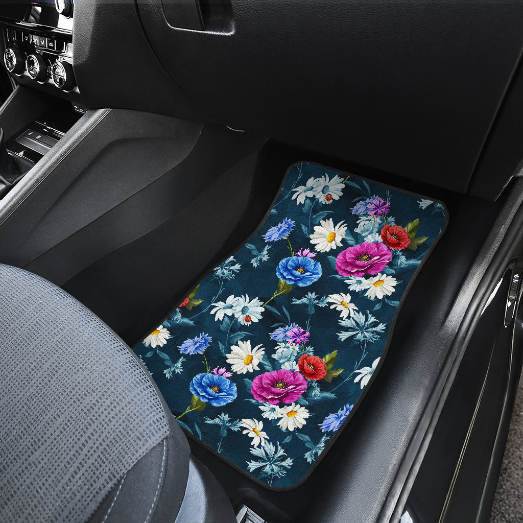 Floral Blue Themed Print Car Floor Mats Front Back