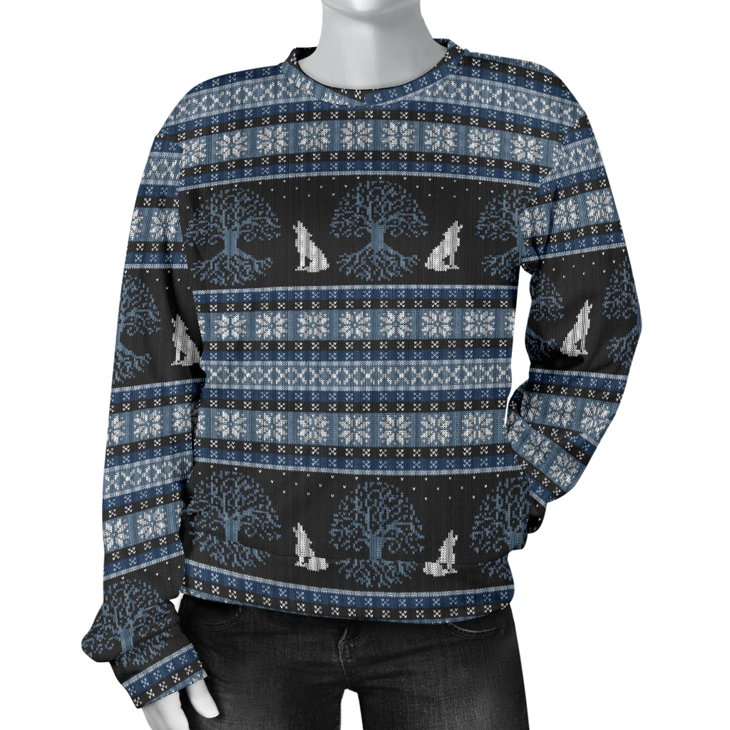 Wolf Tree of Life Knit Design Print Women Long Sleeve Sweatshirt