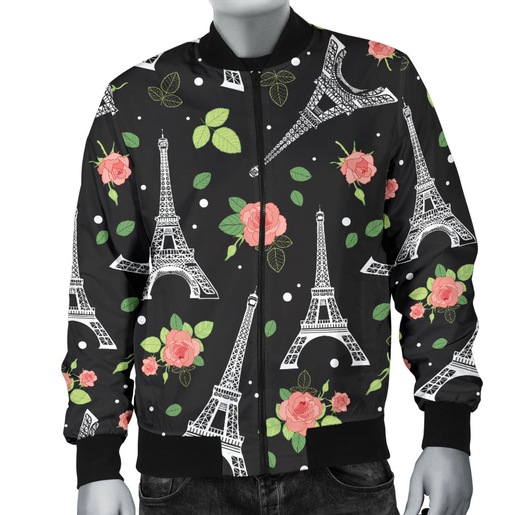 Eiffel Tower Rose Print Men Bomber Jacket